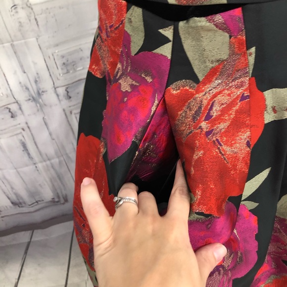 Alex Marie Black Pink Jacquard Velvet Cocktail Dress Pockets Fit & Flare Gown - Picture 6 of 11